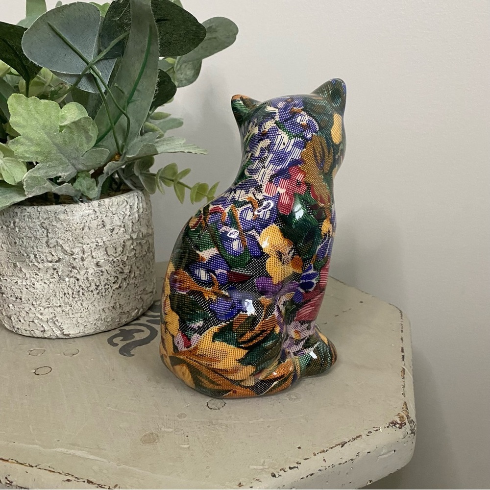 Vintage Floral Decoupage Cat Cottagecore Patchwork Figurine - Picture 2 of 3